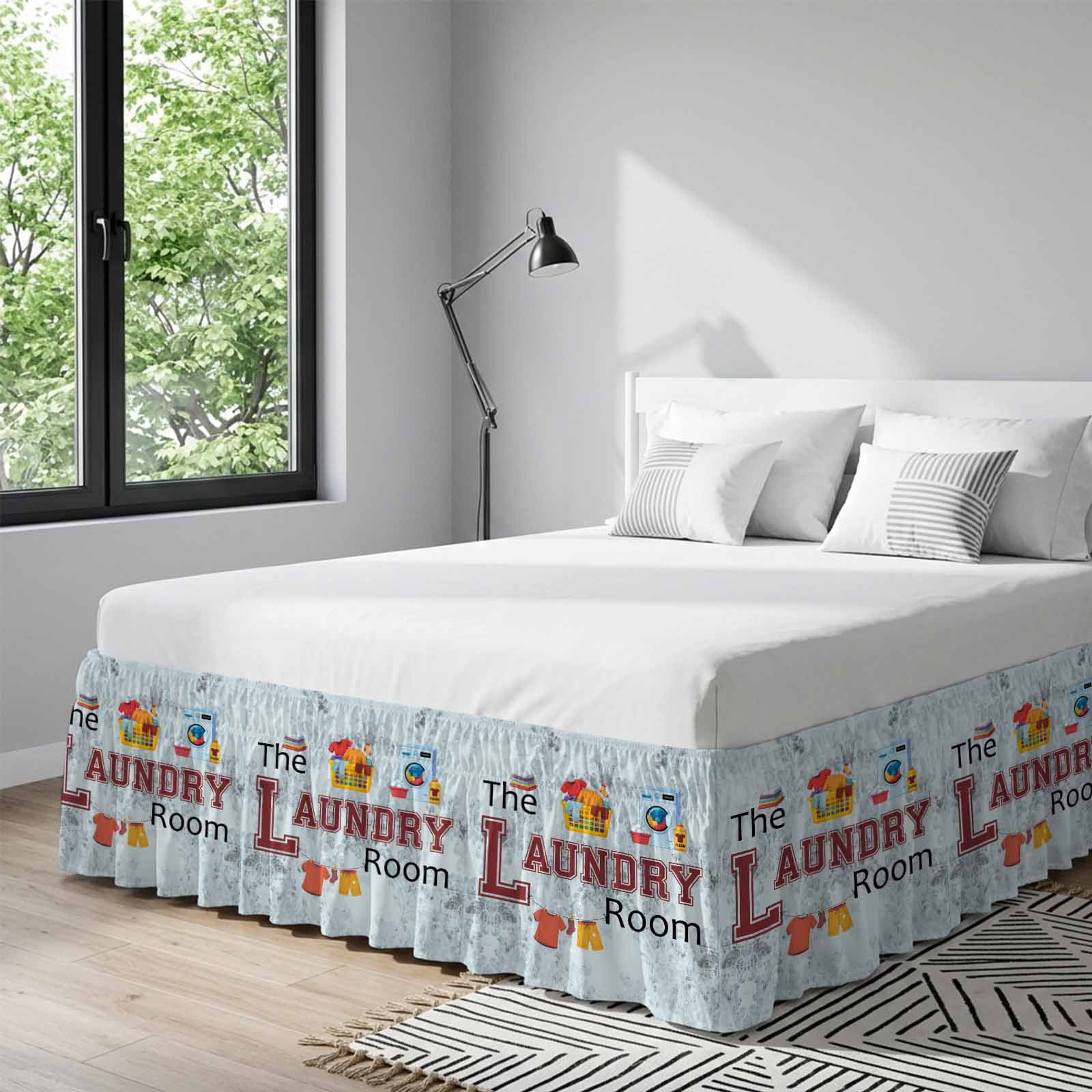 Laundry Room Bed Skirt Queen Size, Blue Cartoon Washing Machine Clothes Wrap Around Bed Skirting with Adjustable Elastic Strap, Dust Ruffle Pleated Bedskirts 16 Inch Drop for Bedroom Queen Beds