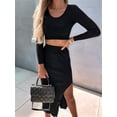 thumbnail image 6 of Women'S Solid Color Knitted Round Neck Long Sleeve Top Slit Long Skirt Two-Piece Set Black S, 6 of 7