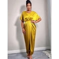 thumbnail image 5 of Women'S Satin Silky Long Sleeve V Neck Lace Up High Waist Side Split Maxi Dress Yellow L, 5 of 10