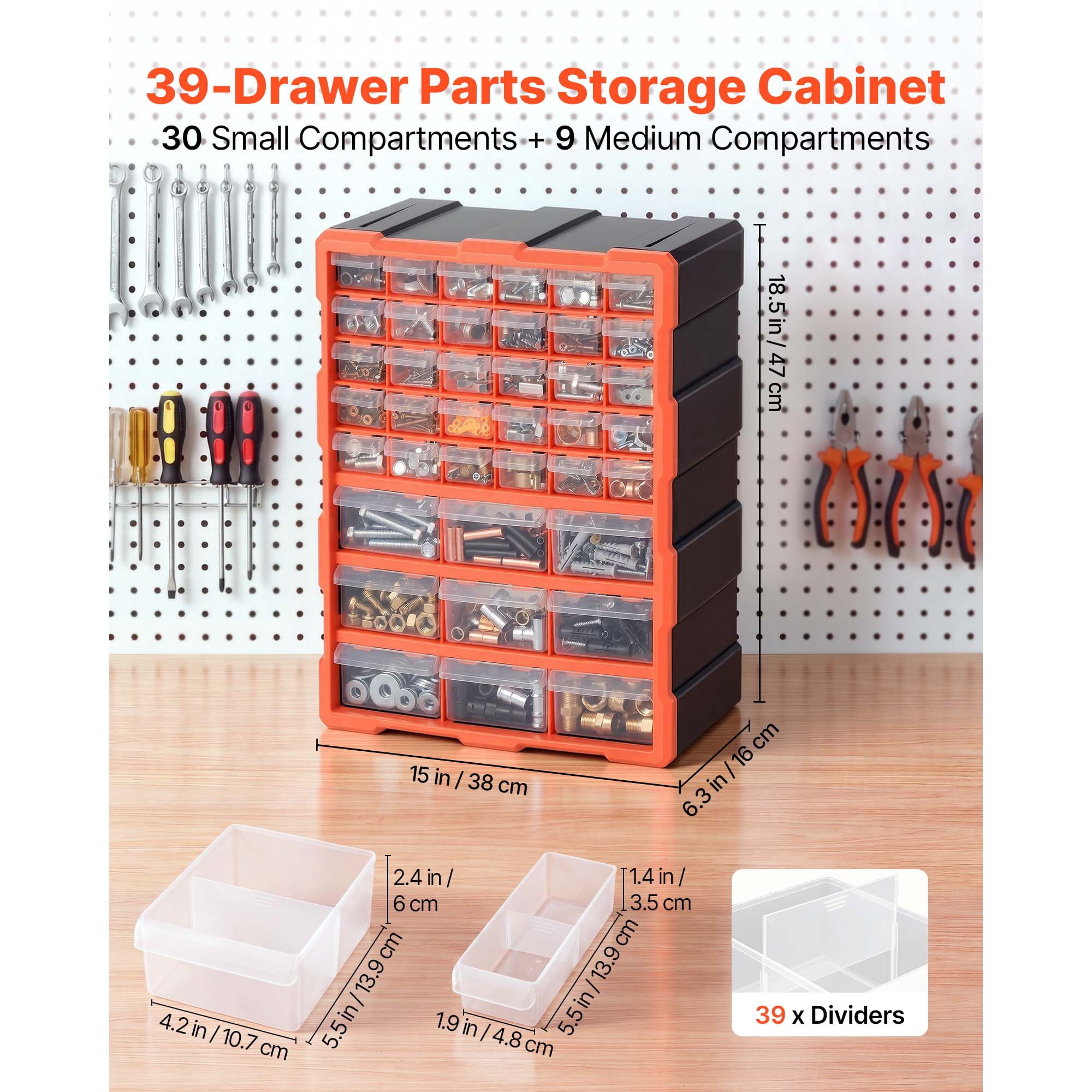 KFFKFF 39-Drawer Plastic Storage Organizer, Stackable Cabinet for Garage Organization, Wall-Mounted Toolbox for Small Parts, Hardware, Beads, Screws, Crafts, and Building Bricks