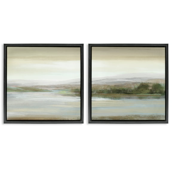 Stupell Industries Abstract Lakeside Landscape Landscape & Nature Painting Black Floater Framed Canvas Art Print Wall Art, 18 x 18, Set of 2