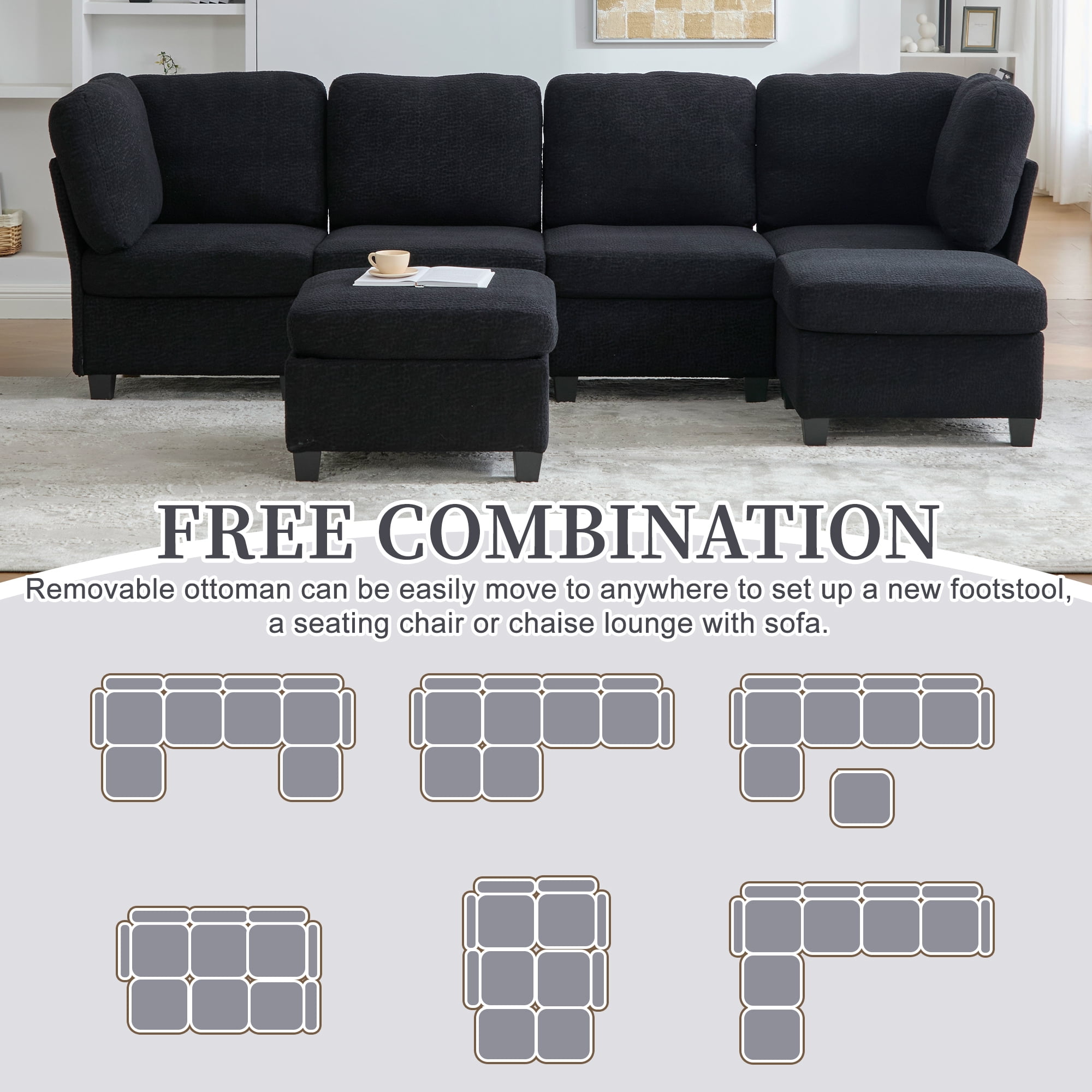 MOONMISS 6-Seat Polyester Upholstered U-Shaped Modular Storage Sleeper Sectional Sofa with Storage Ottoman-Black