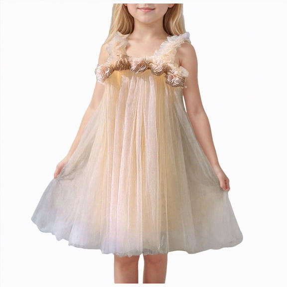 NOLDARES Dress for Girls Toddler Print School Outfits Flutter Sleeveless A-Line Cute Casual Sundress(Khaki,5-6 Years)