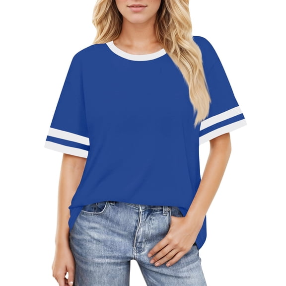 GIPQJK Tshirts for Women Striped Short Sleeve Crew Neck Loose Tops Casual Trendy Basic Color Block Clothes,Royal Blue 2XL