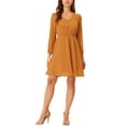 thumbnail image 1 of Vestido de gasa naranja con cuello en V y media manga para mujer Inspire Chic, corte A, sólido y lindo, talla XS, 1 of 6