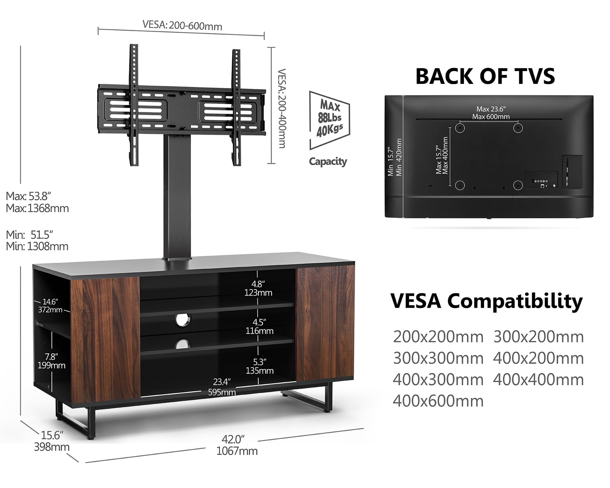 Swivel Floor TV Stand/Base Height Adjustable 3-in-1 with Tempered Glass & Cable Management Base Entertainment Stand for 32 to 70 inch Plasma LCD LED Flat TVs Vesa 600 x 400 mm
