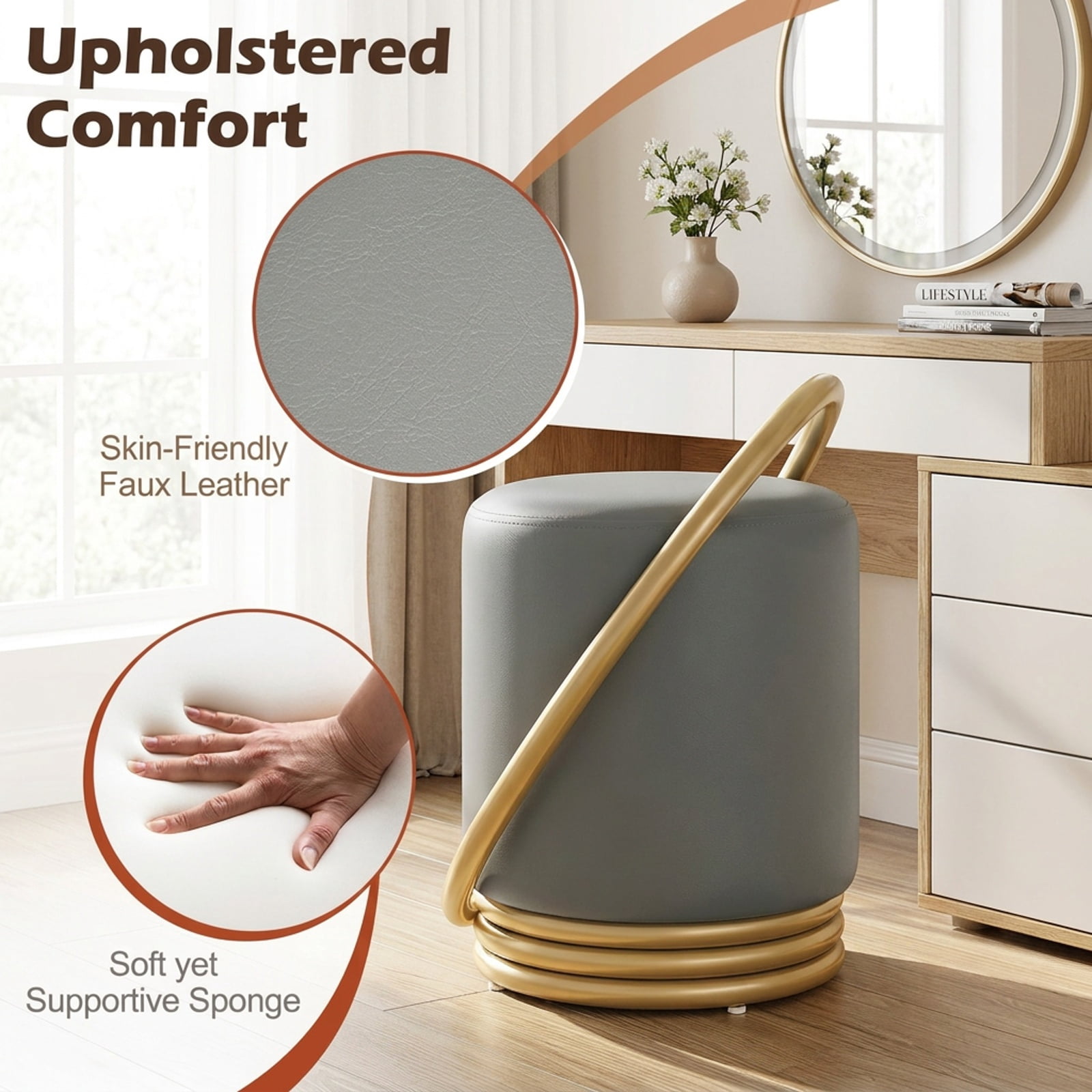Furnibear Round Vanity Stool with Faux Leather Seat Gold Halo Design Rubber Wood Support and Adjustable Foot Pads for Makeup Room and Bedroom, Grey