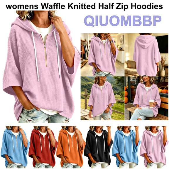 QIUOMBBP Woman Waffle Knit Hoodies Drawstring 3/4 Sleeve Half Zip Hooded Sweatshirts Loose Fit Pullover Tops Fall Winter Clothing White XL