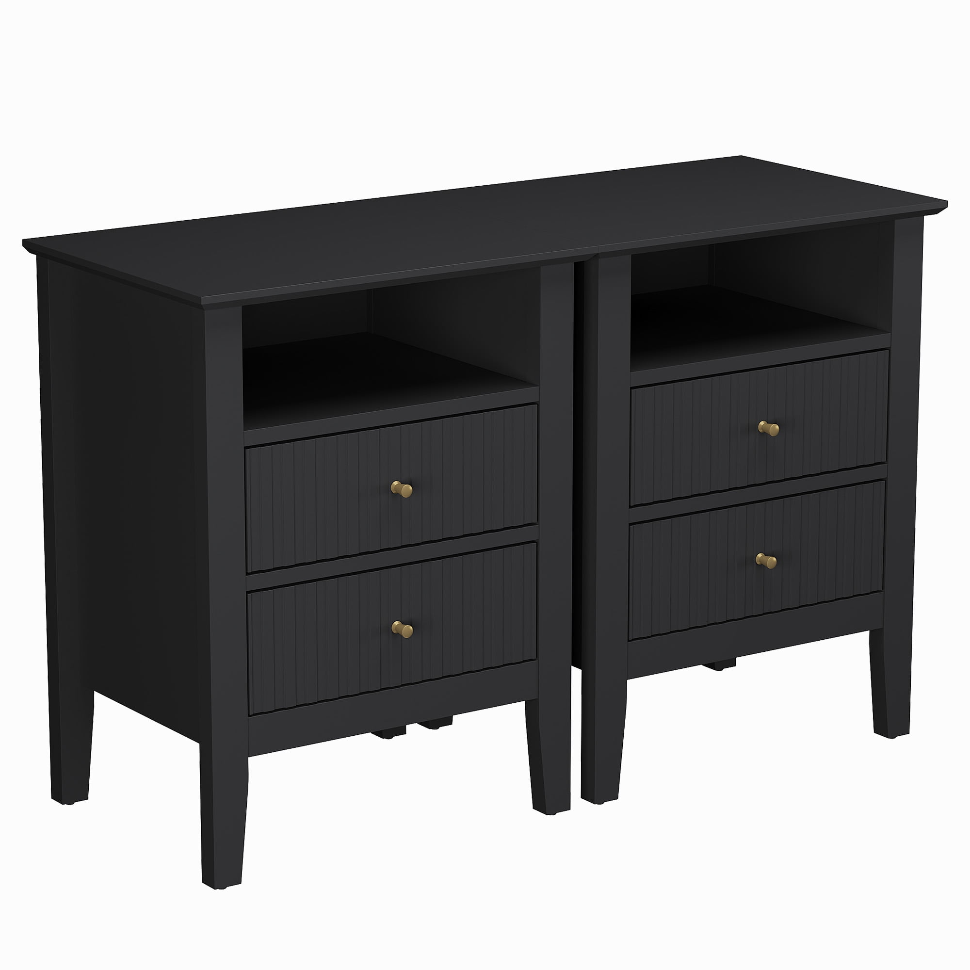 CozyHome Fluted Nightstand Set of 2, Modern Side Table with 2 Drawers and Storage Shelf, for Bedroom, Living Room, Black