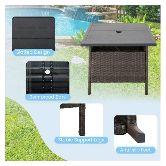 Patio Side Table with Umbrella Hole, Outdoor Wicker Square Bistro Table for Yard, Garden, Poolside - 22" x 22" x 18.5", Weather Resistant