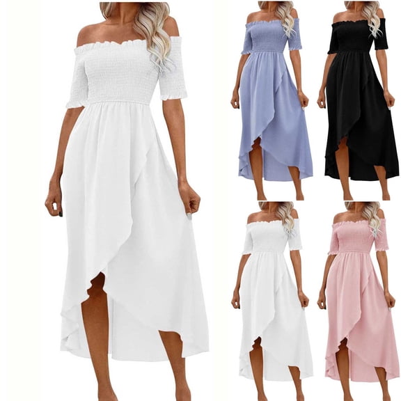 Teyfeniy White High-Low Dress for Women Off the Shoulder Asymmetrical Fashion Casual Short Sleeve Dress Going Out Summer Fashion Holiday Vacation Outfit Midi Flowy Dress