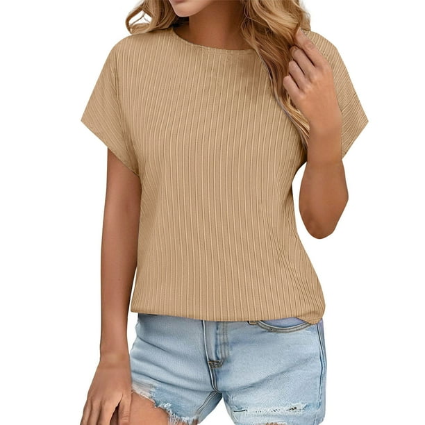 Tops de Verano de Mujer Suelto Ajuste Primavera Y Verano Suéter Casual Color Sólido Manga Corta Cuello Redondo, Camiseta Suelta de Poliéster