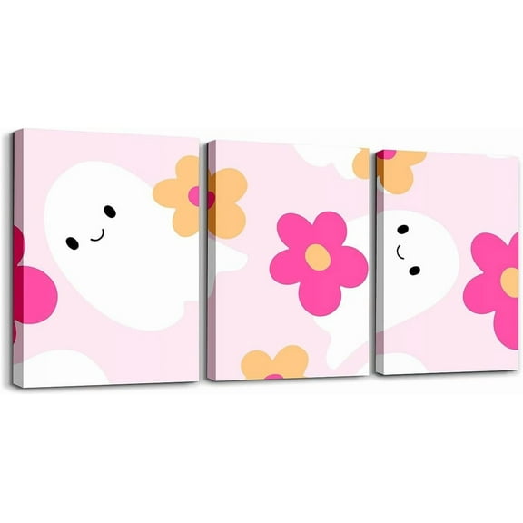 Hieng Cartoon Cute Ghost Canvas Wall Art for Kids Living Room Bedroom,Floral Ghost Pink Posters Picture Wall Painting Home Decor Halloween Bathroom Office Wall Decor Artwork Posters