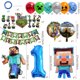 thumbnail image 3 of Globos de Minecraft para cumpleaños, decoración de cumpleaños con temática de videojuegos para niños y niñas de 2 años. Incluye pancarta de feliz cumpleaños, globos, mantel y decoración para fiestas., 3 of 3