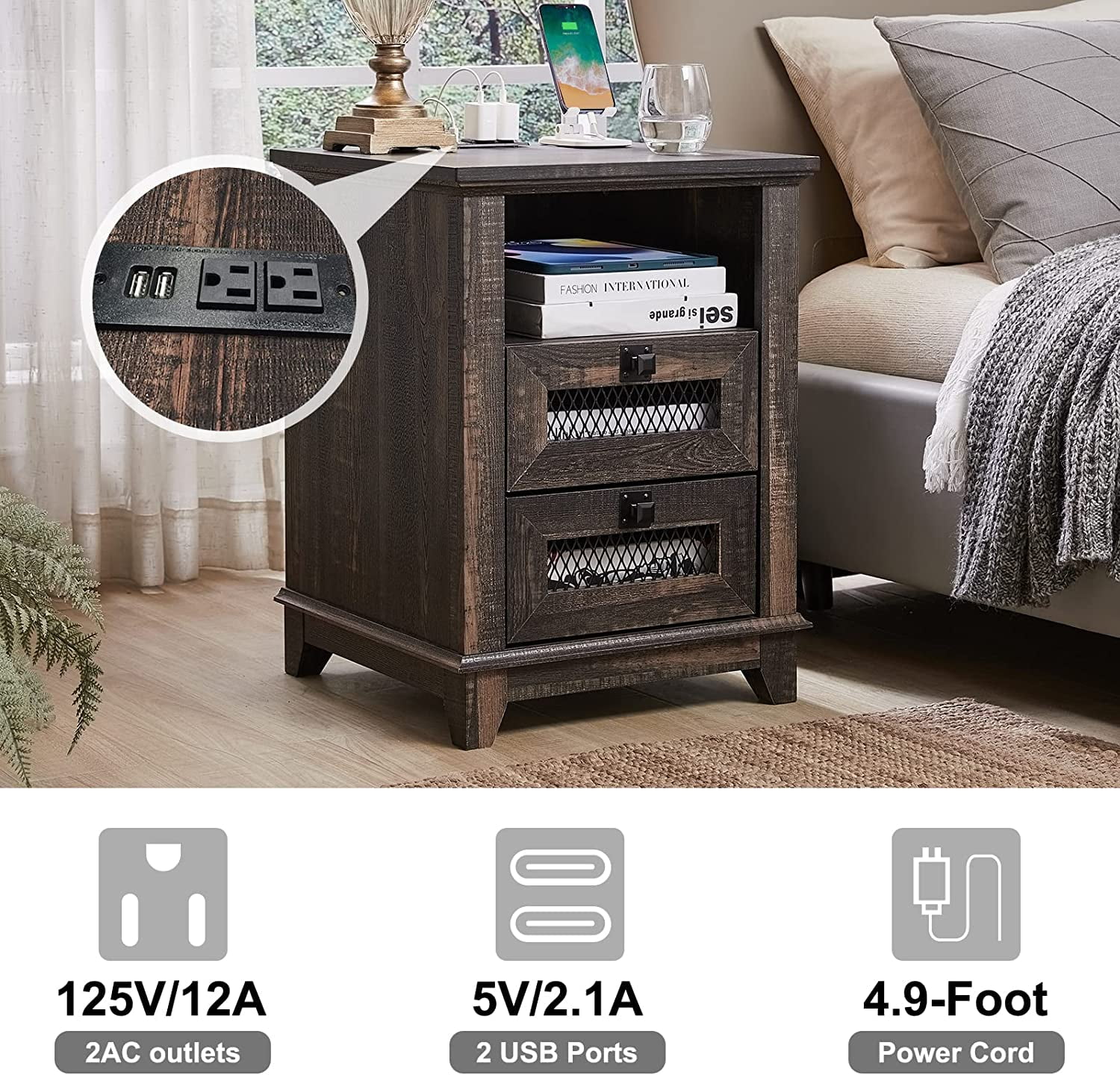 OKD 2-Drawer Wooden End Table with Charging Station for Living Room, Modern Square Nightstand, Dark Rustic Oak