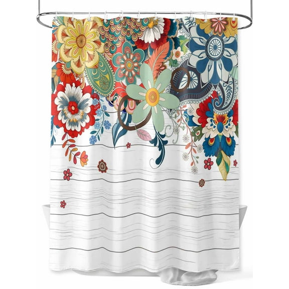 Shower Curtain Boho Floral Bathroom Curtains with Hooks, Waterproof Fabric Abstract Bohemian Bloom Wood Grain Bath Shower Curtains Set for Bathroom Bathtubs Decor 36x72 Inch