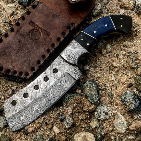 Hunt-Down 9.5' Damascus Blade Black & Blue Horn Handle Hunting Knife with Sheath
