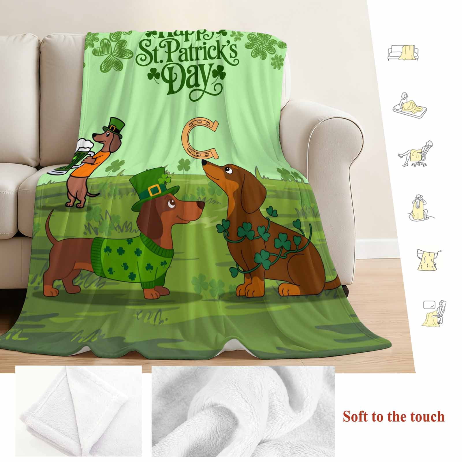 Green St. Patrick's Day Blanket Soft Cozy Warm Throw Blanket for Couch, Plush Fuzzy Flannel Fleece Blankets for Sofa, Green Lucky Clovers Dog Bed Blankets Lightweight Gifts for Women, 32"x48"