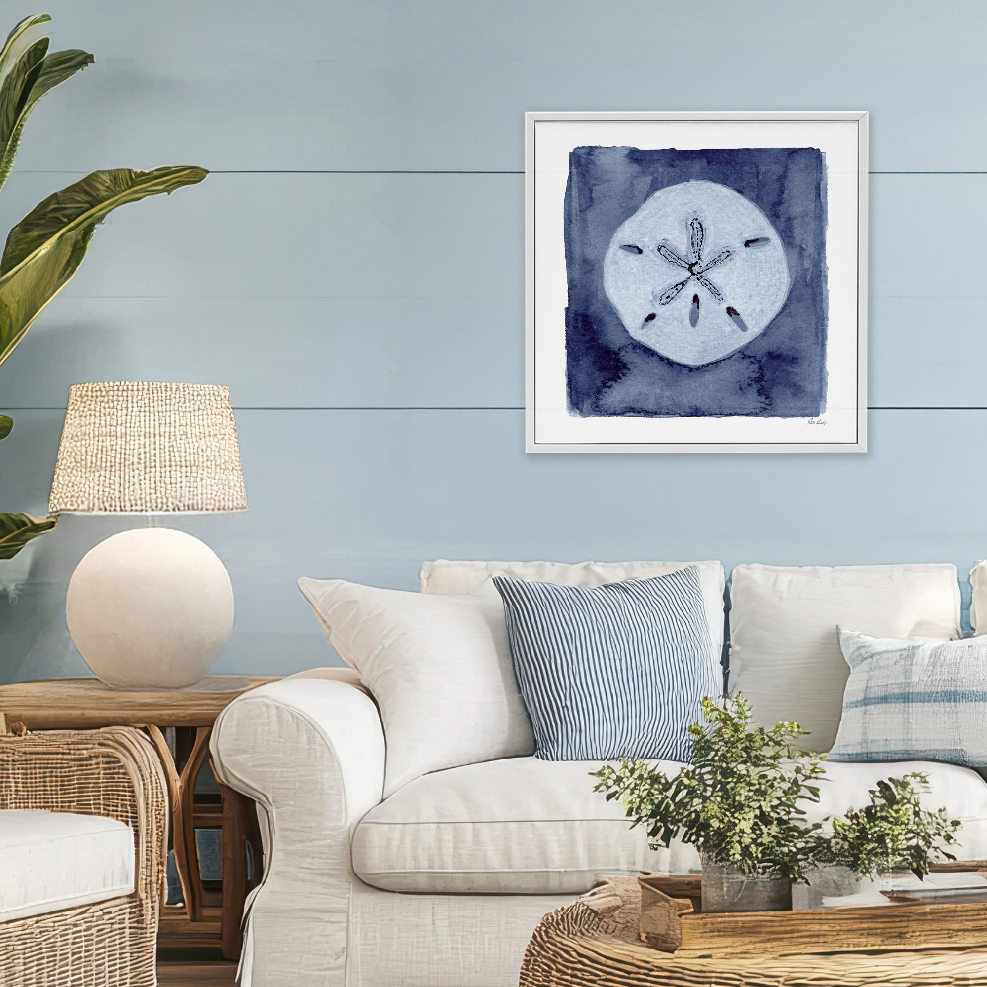 Stupell Industries White Sand Dollar on Indigo White Framed Giclee Art, design by Patti Bishop