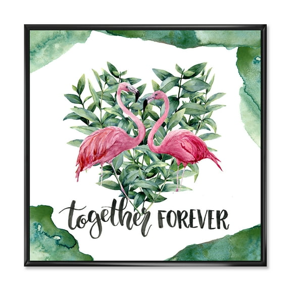 Designart 'Eucalyptus Leaves With Flamingo Floral Heart' Traditional Framed Canvas Wall Art Print