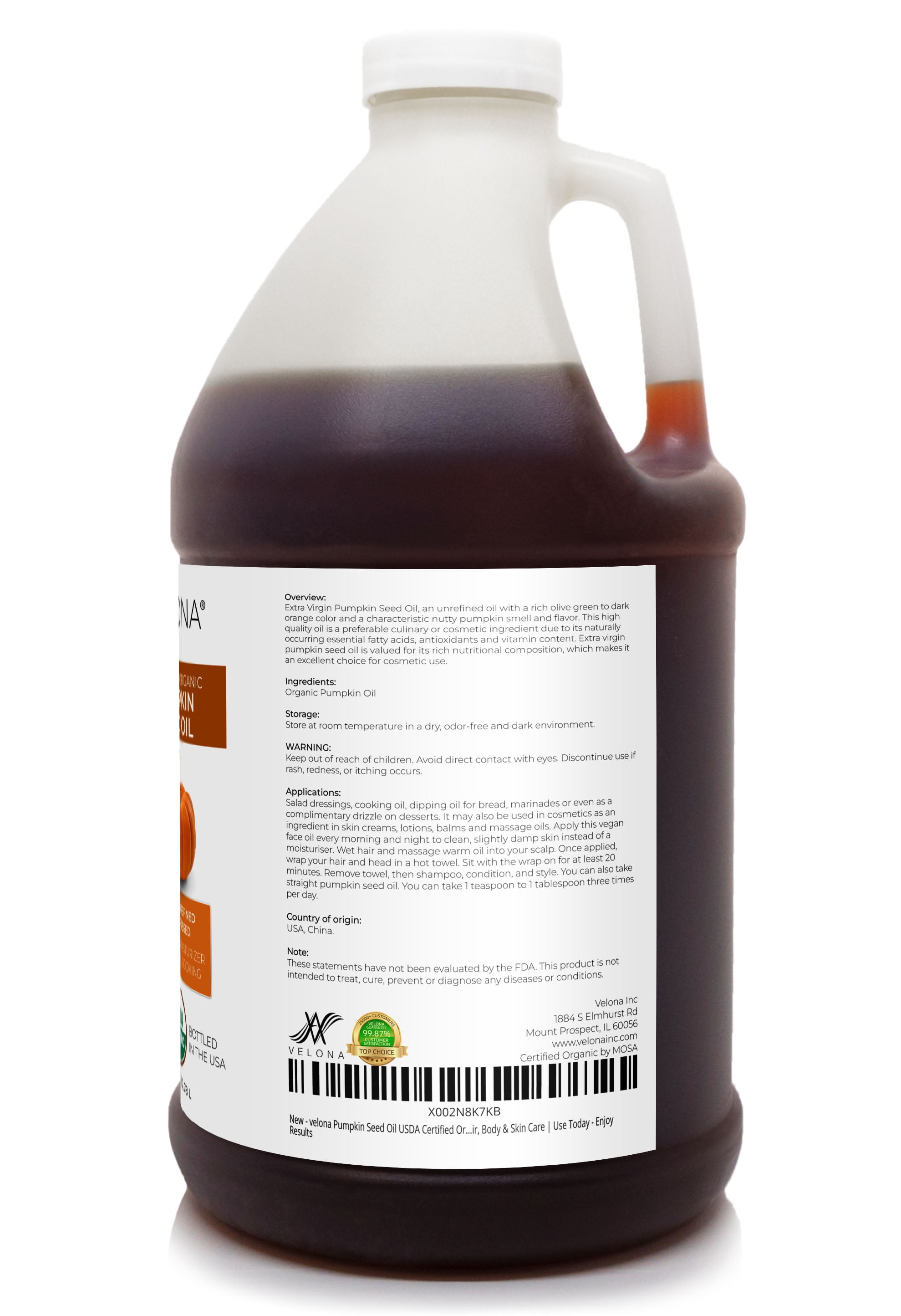 Velona Pumpkin Seed Oil USDA Certified Organic - 1 Gallon / 128 Fl Oz | 100% Pure and Natural Carrier Oil | Unrefined, Cold Pressed | Cooking, Face, Hair, Body & Skin Care