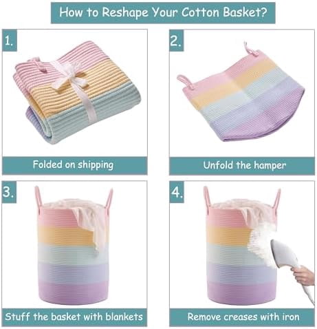 60L Hamper Laundry Basket for Baby Girls Kids Rainbow Nursery Hamper for Clothes Pastel Unicorn Woven Rope Blanket Basket for Toy in Playroom Bedroom 15Dx20H inches Large