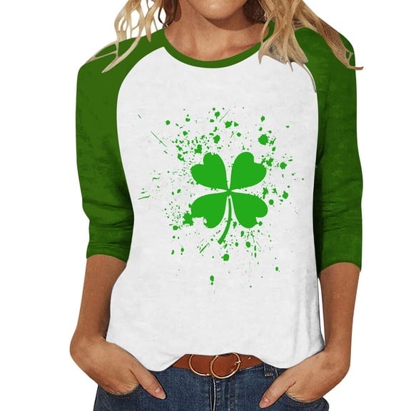 Women's 3/4 Sleeve St. Patrick's Day Shirts - Crewneck Color Block Loose Raglan Blouse Going Out Casual Graphic Tee Tops