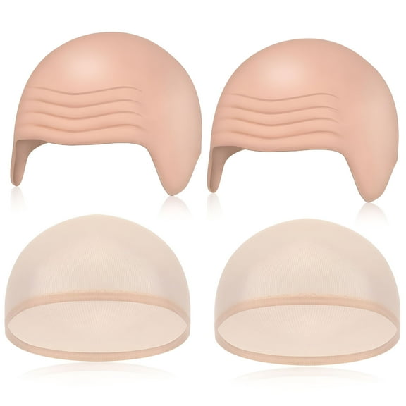 TELOLY 4 Packs Halloween Bald Caps Makeup Latex Bald Head Wig Cap Bald Hat Costume Accessories for Women Men Adults (Nude, Medium)
