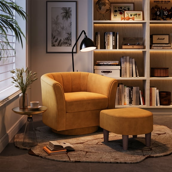 LINSY HOME Swivel Accent Chair with Ottoman, Velvet Barrel Chair, Single Chair for Bedroom Room, Yellow