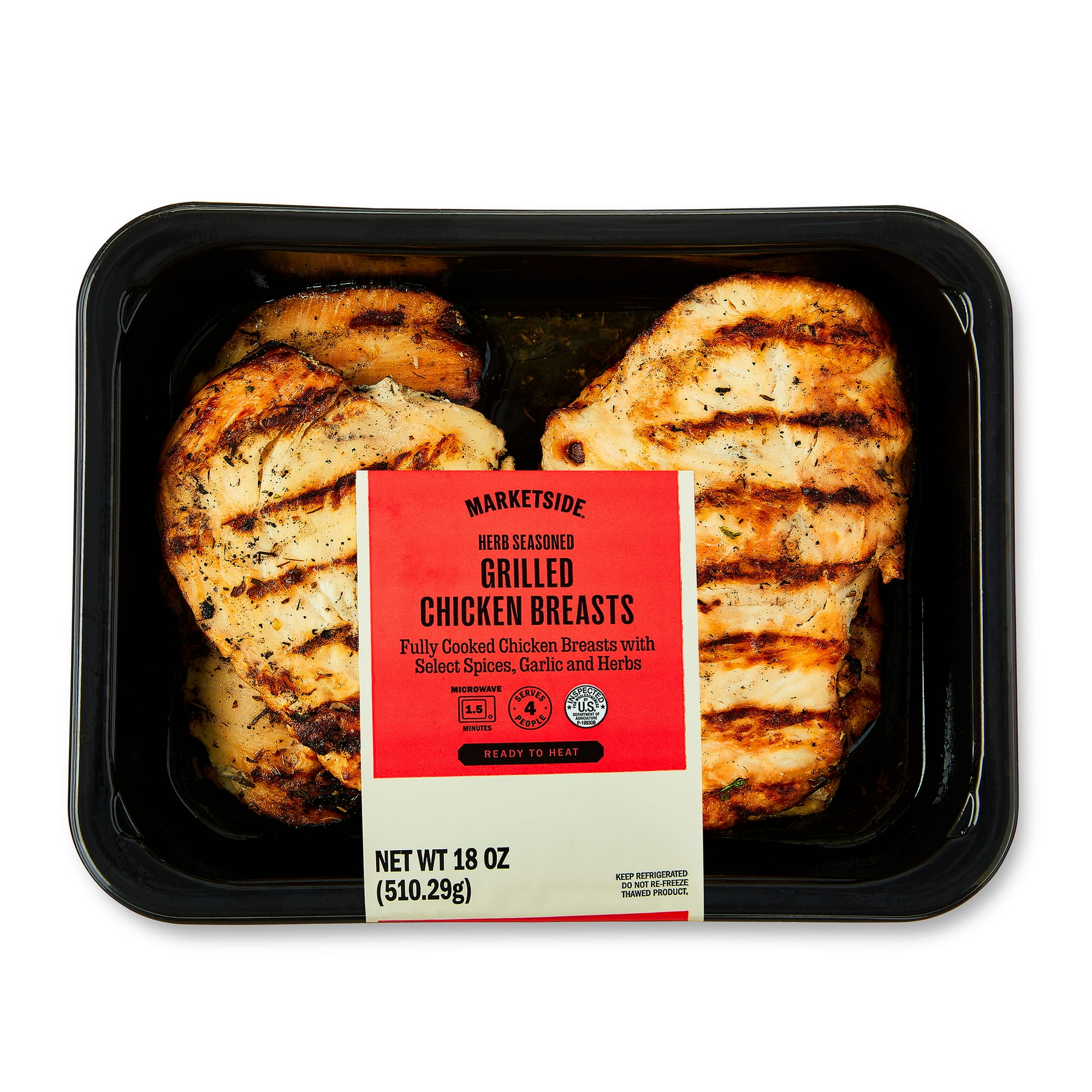 Marketside Herb Seasoned Grilled Chicken Breasts, Refrigerated, 4 Pieces, 18 oz