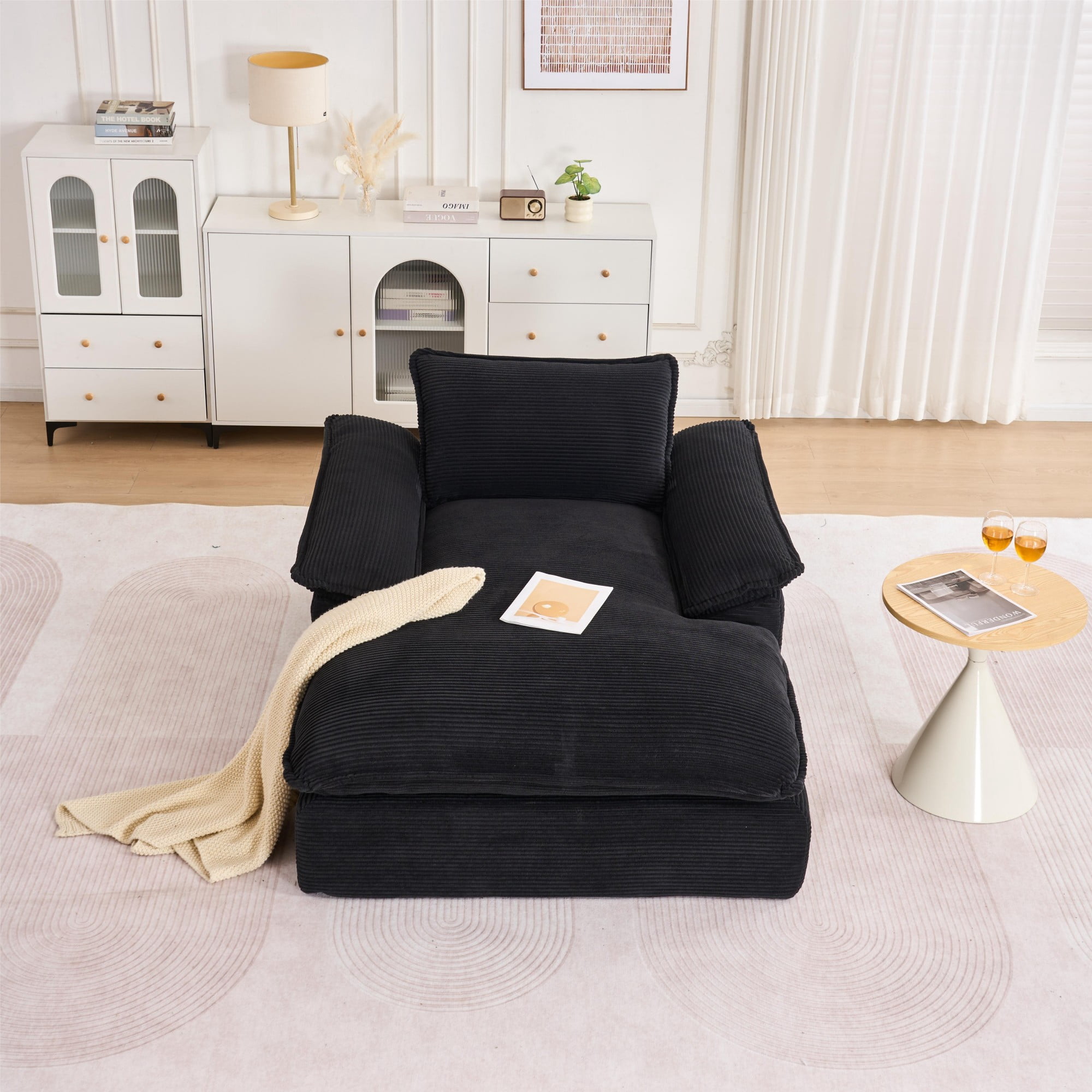 Aukfa 51.2" Oversized Chaise Lounge Chair Indoor, Corduroy Upholstered Sofa Couch with Pillow Armrests, Sleeper Sofa Chair for Living Room Bedroom Office, Black