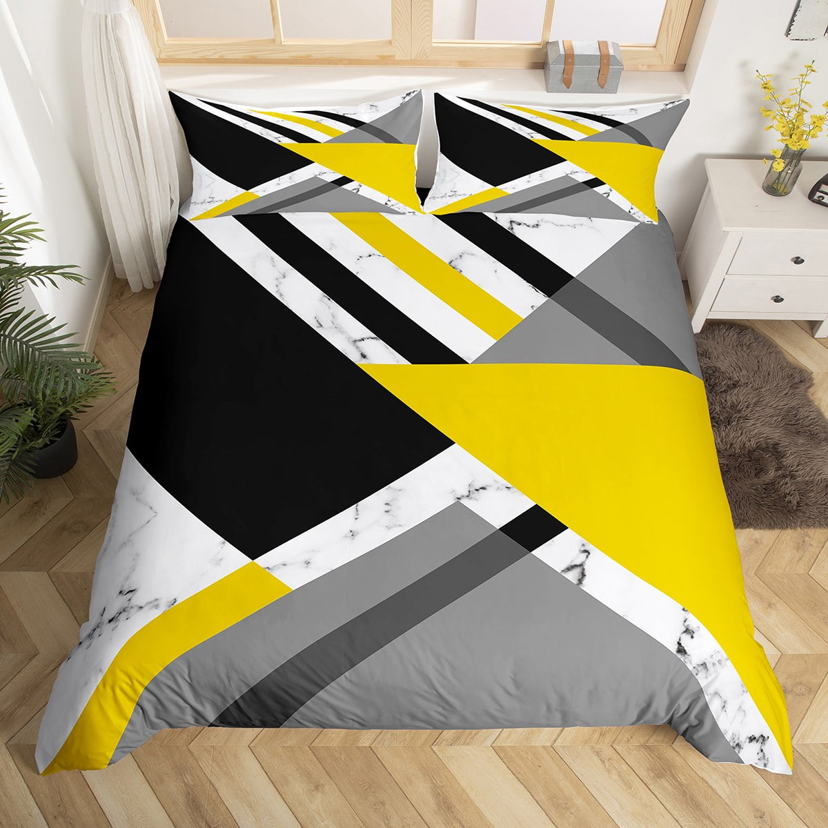 Yellow And Grey Comforter Cover Queen Patchwork Geometric Triangle