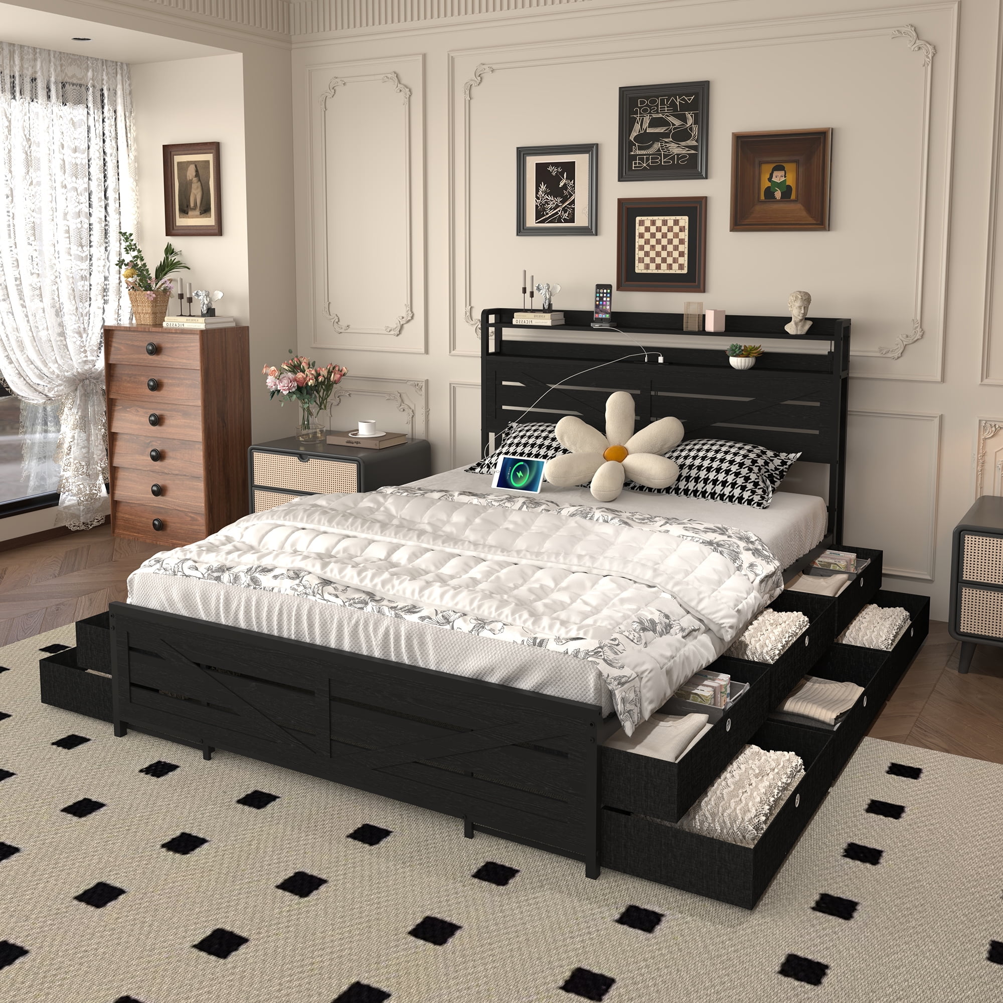 Miniyam Queen Size Metal Bed Frame with Storage Drawers, Headboard with Charging Station & LED Lights, Noise-Free Platform Bed, Black