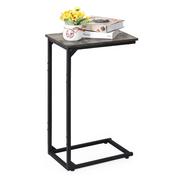 Gray Wood C-Shaped End Table, Adjustable Height Slide-Under Sofa Side Table, Industrial Snack Table for Living Room, Bedroom, and Small Spaces