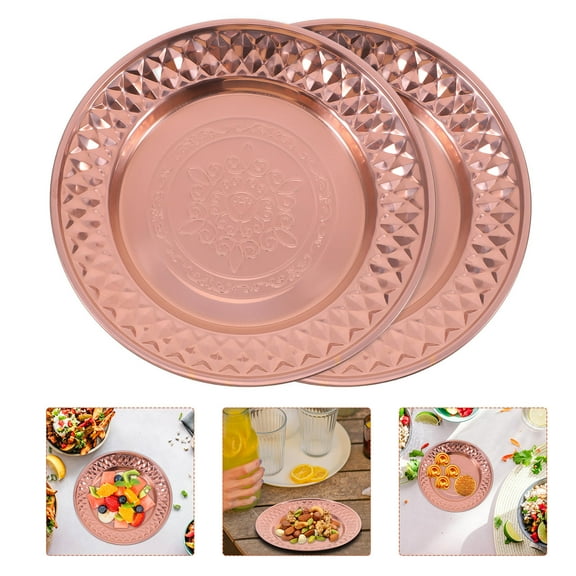 MLINS  2 PCS Stainless Steel Round Dining Plate Dish Dinner Rose Gold
