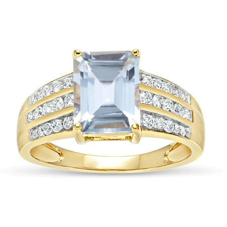 Emerald Cut Aqua Blue Topaz And Round White Topaz Swarovski Genuine Gemstone 18kt Gold Over Sterling Silver Ring