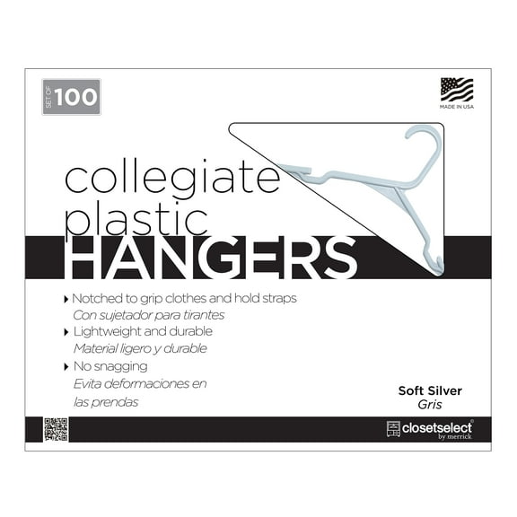 Closetselect Plastic Notched Adult Hangers for Any Clothing Type, Soft Silver 100 Count