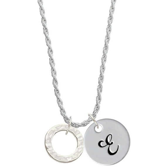 Delight Jewelry Silvertone Hammered Karma Ring Silvertone Script Initial Disc - E - Charm Necklace, 20"+3"