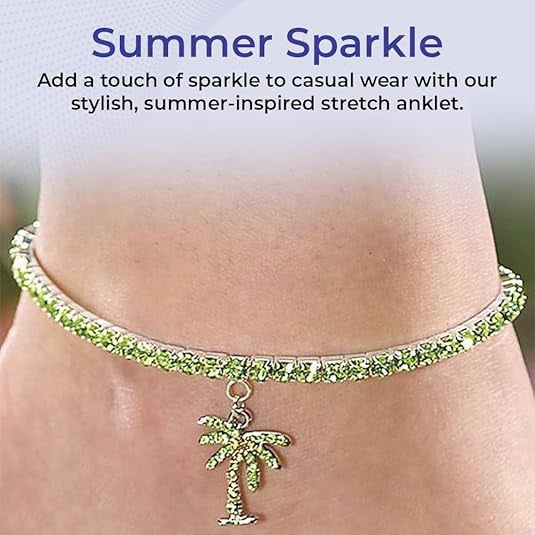 Crystal Palm Tree Anklet, Adjustable Stretch Ankle Bracelet, Summer Beach Foot Jewelry for Women