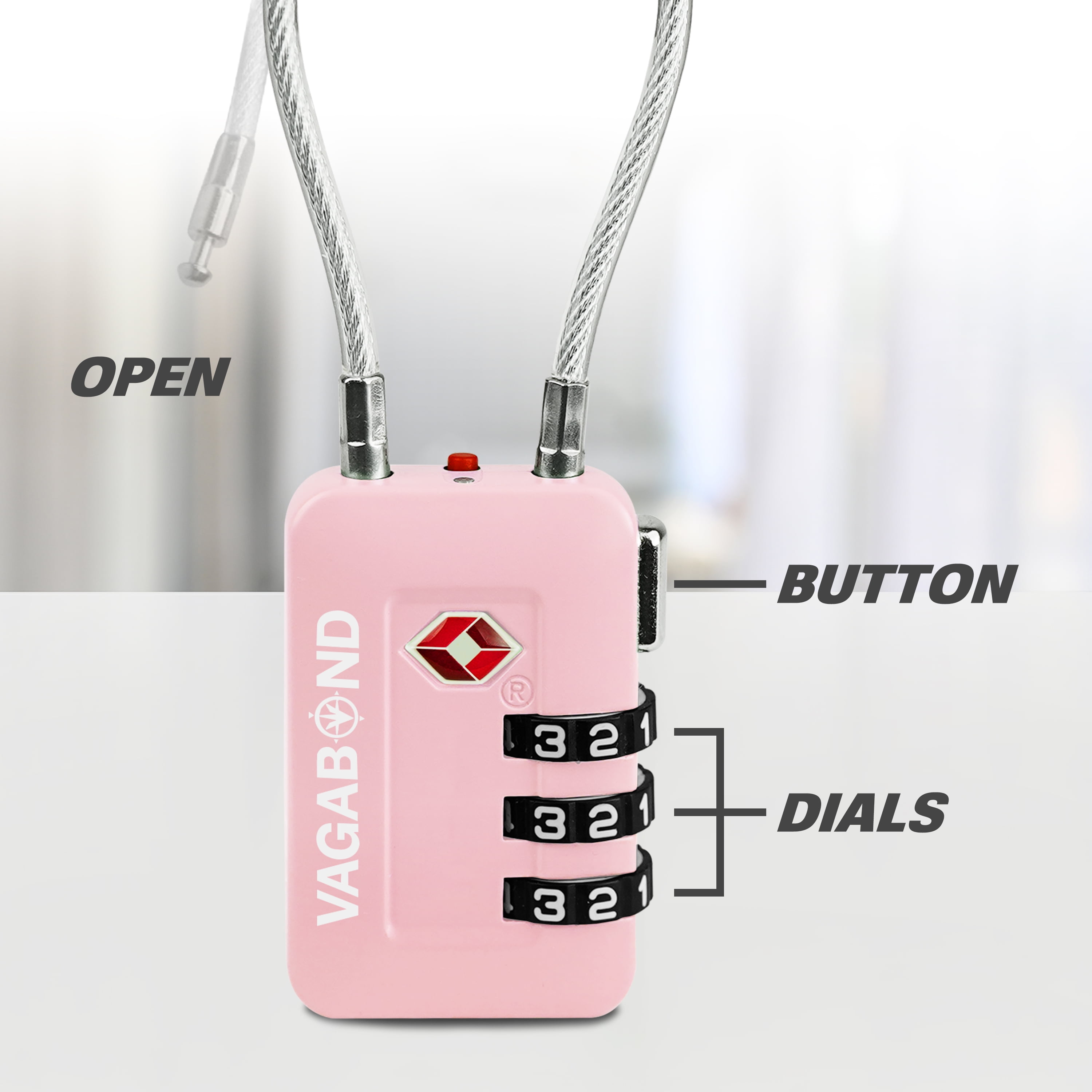 VAGABOND TSA Accepted Luggage Travel Lock 3 Digit Combination Keyless Resettable Suitcase Steel Cable Lock with Zinc Alloy Body Pink 2 Pack