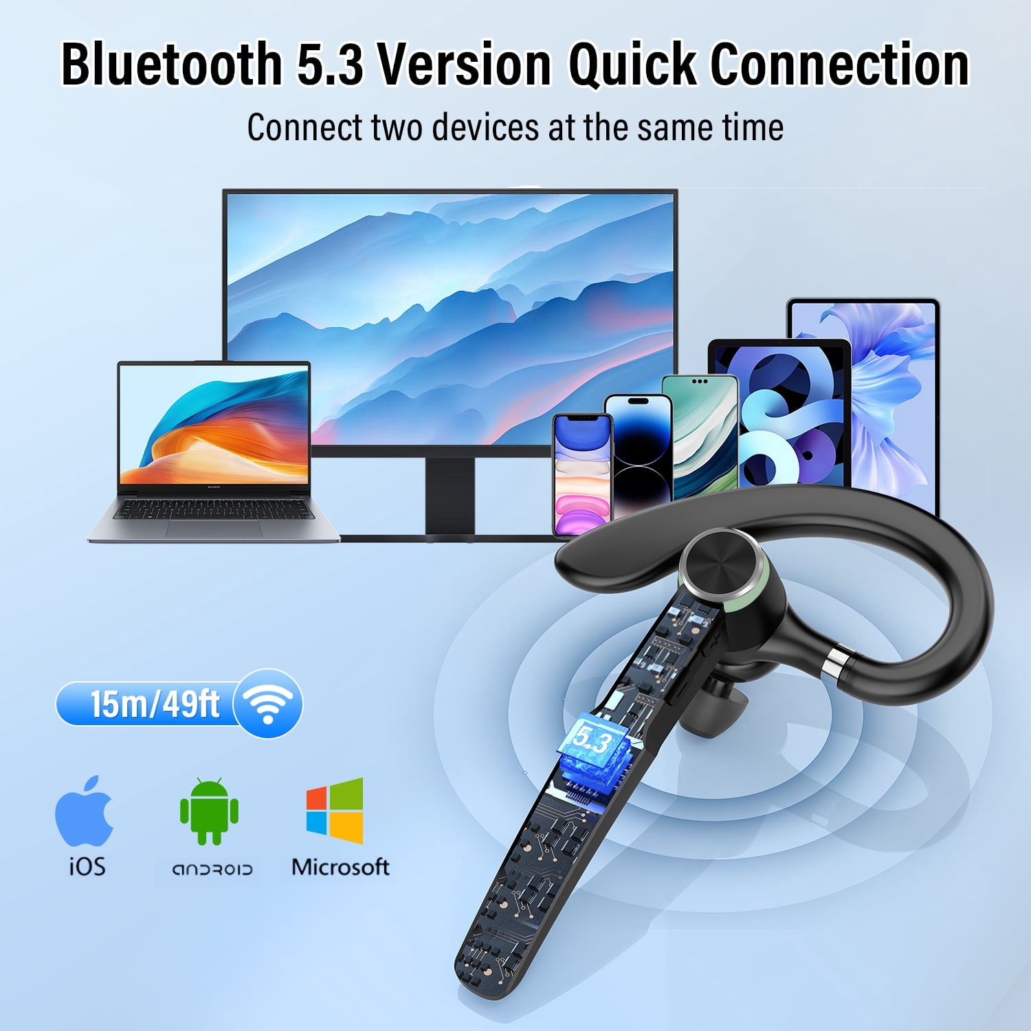Bluetooth Headset, Single-Ear Bluetooth Earpiece, 72 Hours Talking Time Wireless Headset V5.3 with 400mAh Charging Case for Ios Android Cell Phones, Green