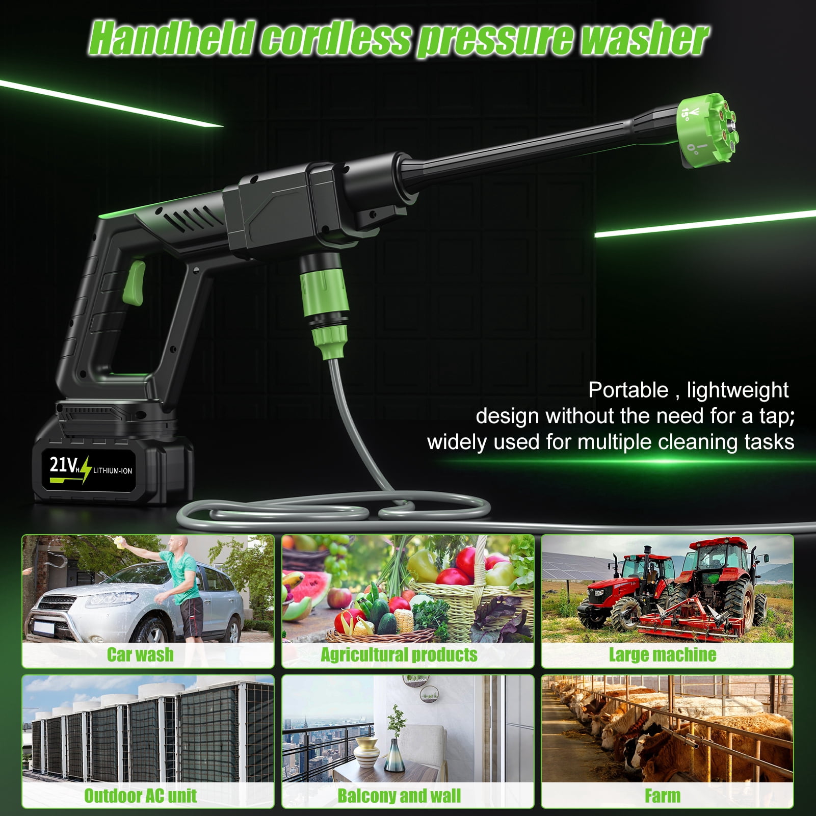Portable High Pressure Car Wash, 6-in-1 Nozzle Cordless Car Washer, 500PSI Battery Powered Pressure Washer with 2 Rechargeable Batteries & Foam Bottle