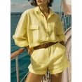 thumbnail image 3 of Jaimenalin Womens Solid Color 2 Piece Outfits Long Sleeve Lapel Button Loose Fit Top Mini Shorts Summer Set Light Yellow L, 3 of 5