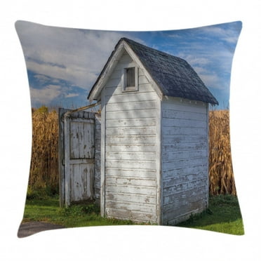 Outhouse Throw Pillow Cushion Cover, Country Farm Life Cottage with Wheat and Grass Under Sky Image, Decorative Square Accent Pillow Case, 20 X 20 Inches, Marigold Green Blue and White, by Ambesonne