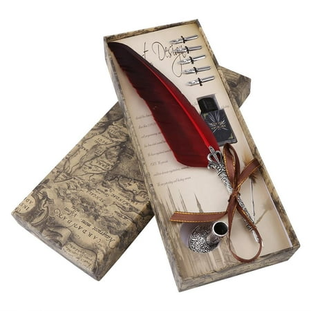 EECOO English Calligraphy Feather Dip Quill Pen Writing Ink Set Stationery Gift Box with 5 Nibs Feather Quill Pen