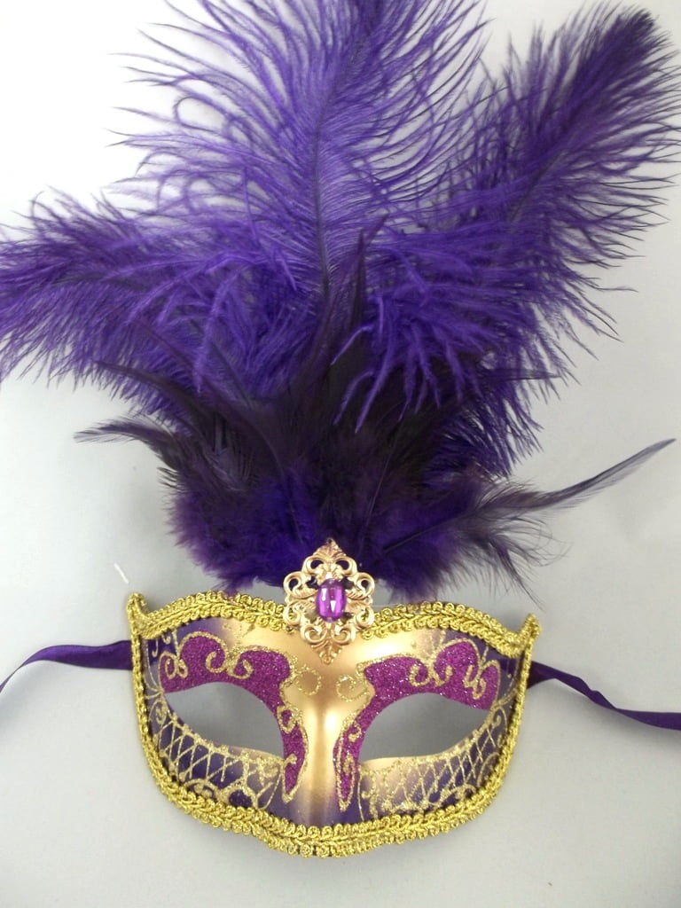 Dark Purple Gold Feather Mask Masquerade Mardi Gras Jewel Gem