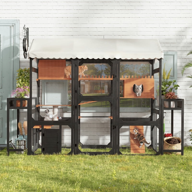 Mirightone Catio Outdoor Cat Enclosures Window with Wire Mesh & 2 Plant Stands, Large Outside Cat House with Weatherproof, Resting Box, Climbing Ramps for Backyard - Black