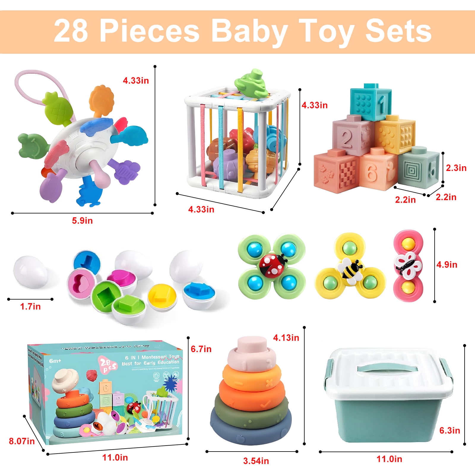 Rirool 6-in-1 Montessori Baby Toys - Sensory Bin & Teething Toys with Stacking Blocks, Eggs, Spinner, Crab Pull Toy (27 Pieces) for Infants 6-36 Months