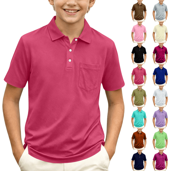 Boys' School Uniform Short Sleeve Polo Shirt Button Closure Moisture Wicking Performance Material
