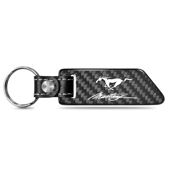 Ford Mustang Script Real Carbon Fiber Blade Style Black Leather Strap Key Chain